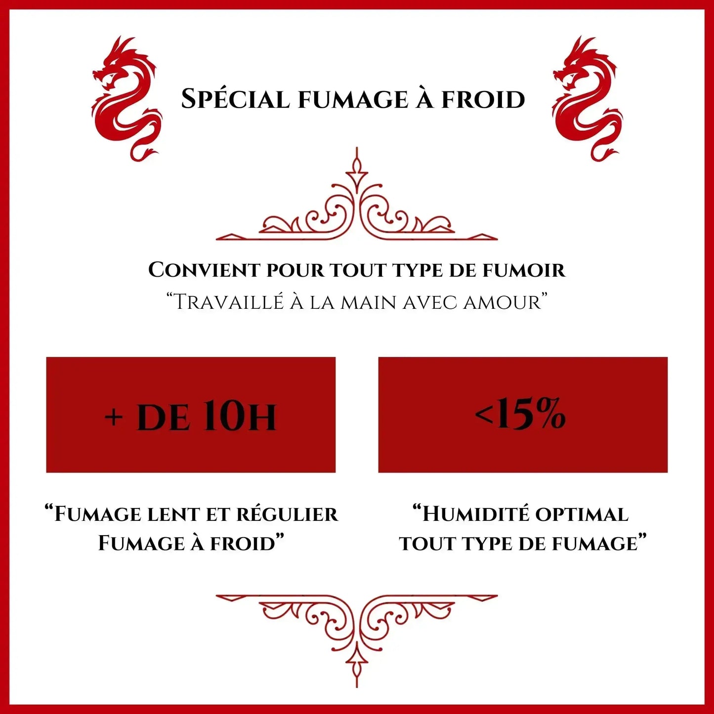 Sciure de bois fumée pendant plus de 10 heures avec un taux d'humidité inférieur à 15%, garantissant une combustion optimale et une diffusion de fumée parfaite