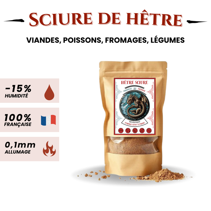 Sciure de hêtre française issue de bois local, spécialement conçue pour le fumage à froid avec une combustion lente et régulière qui ne s’éteint pas