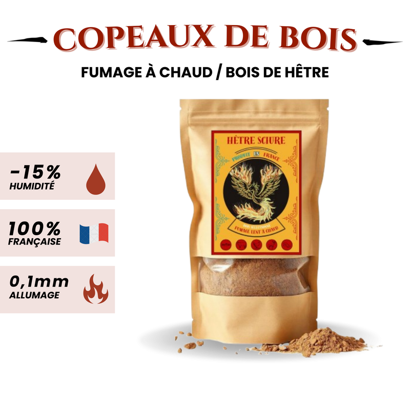 Copeaux de hêtre français issus de bois local, offrant une combustion régulière et des arômes boisés authentiques pour un fumage à froid maîtrisé